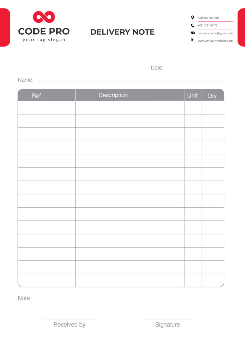 Delivery Note Table Delivery Note Template - CA